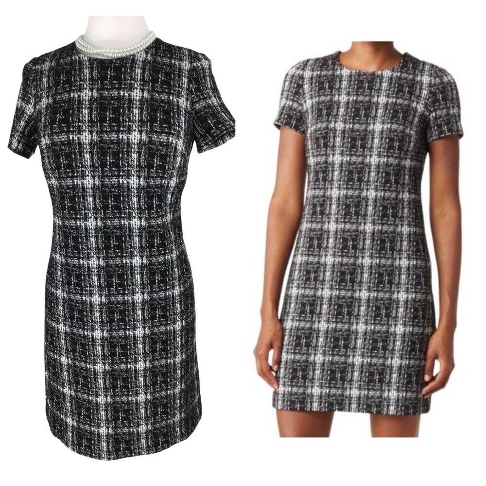Calvin Klein Black White Jacquard Plaid Short Sleeve Sheath Dress size 6